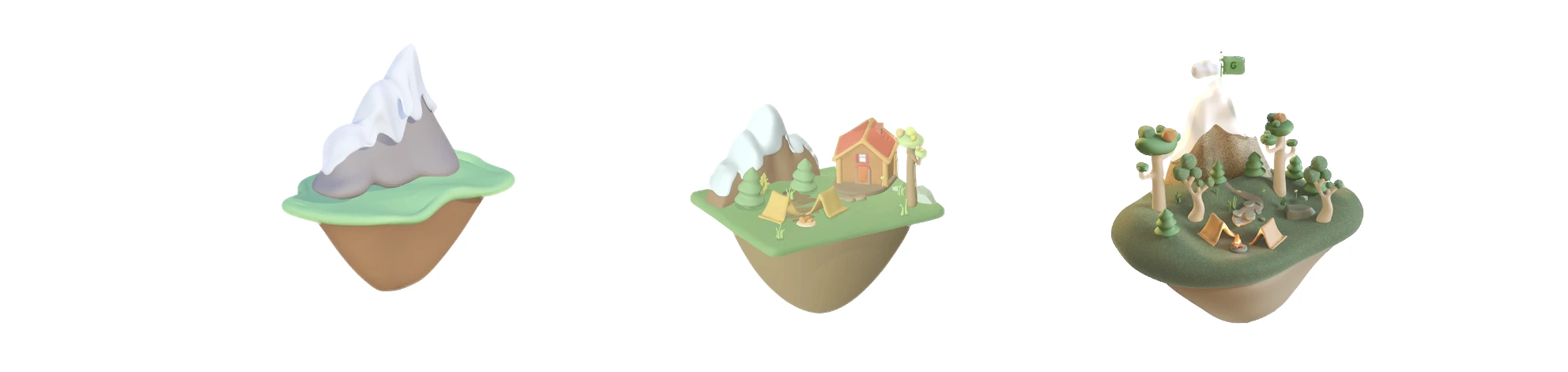 Three iterations of the floating island illustration, from a snowy peak to a small village to the final camp with trees and a flag.