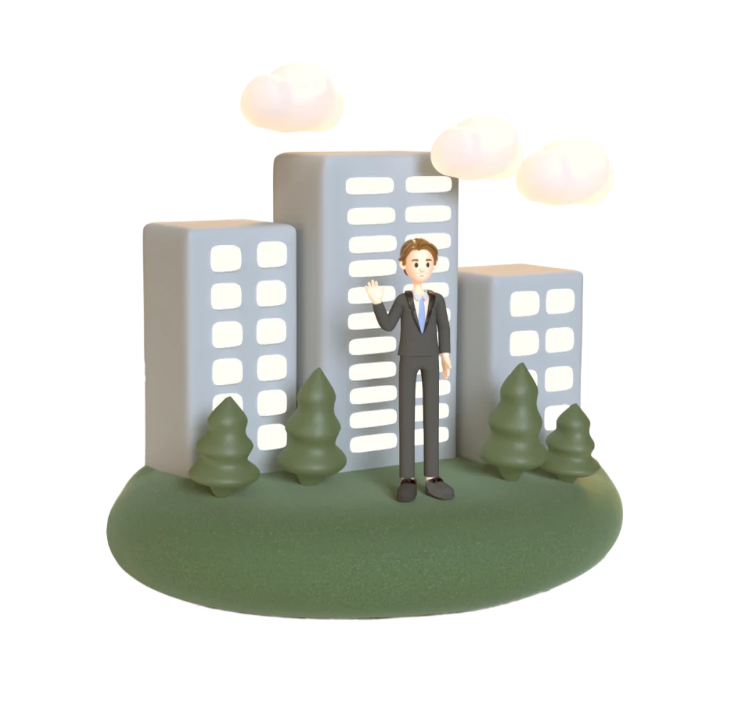 Businessman among office towers and trees