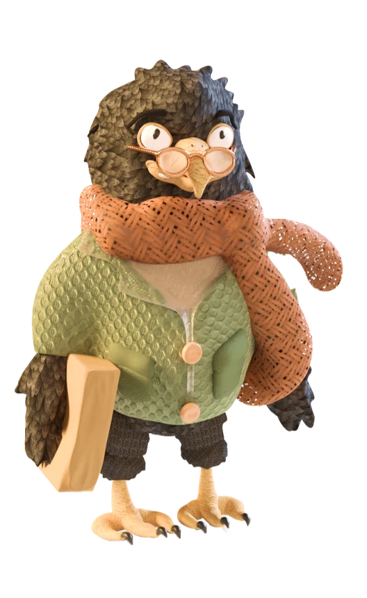 Owl character in an orange scarf