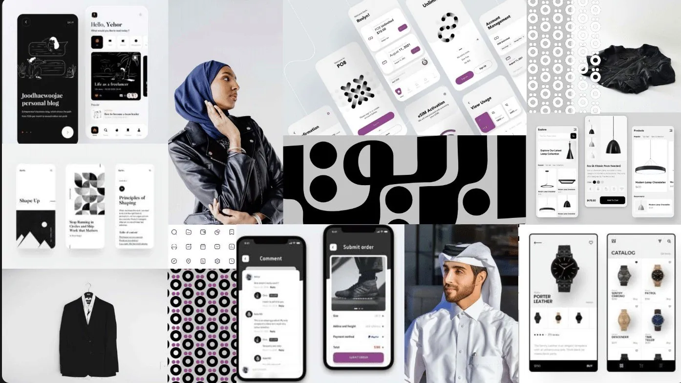 Moodboard: black-and-white fashion photography, bold Arabic lettering, geometric patterns and dark app interfaces.