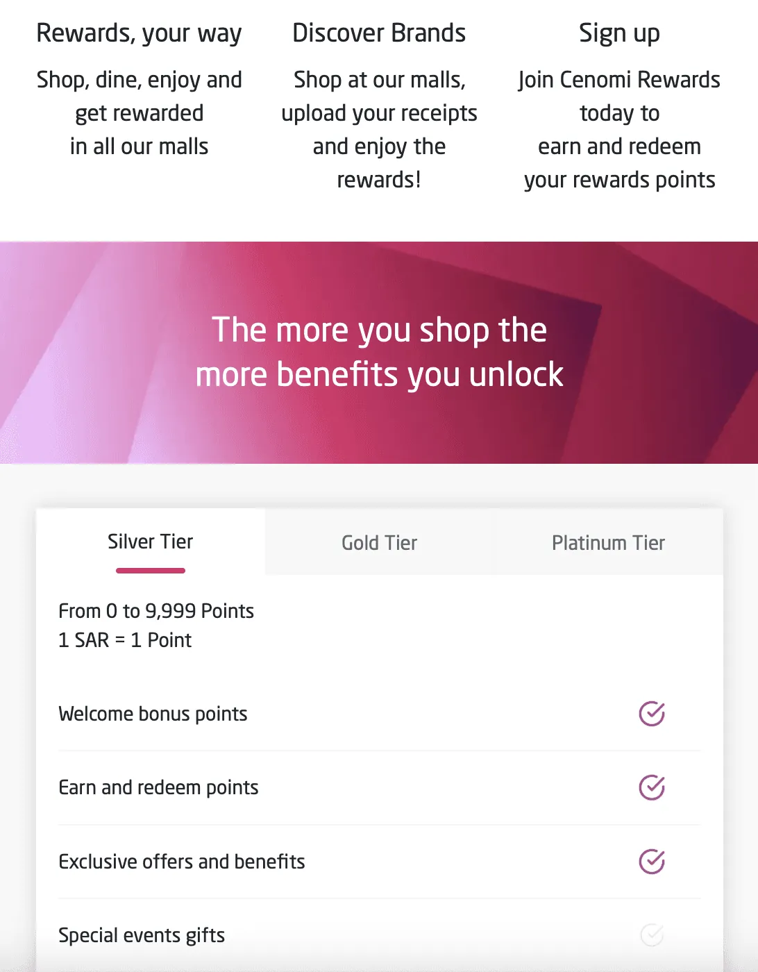 Website section: Rewards your way, Discover brands and Sign up, a banner reading The more you shop the more benefits you unlock, and a Silver, Gold and Platinum tier table.