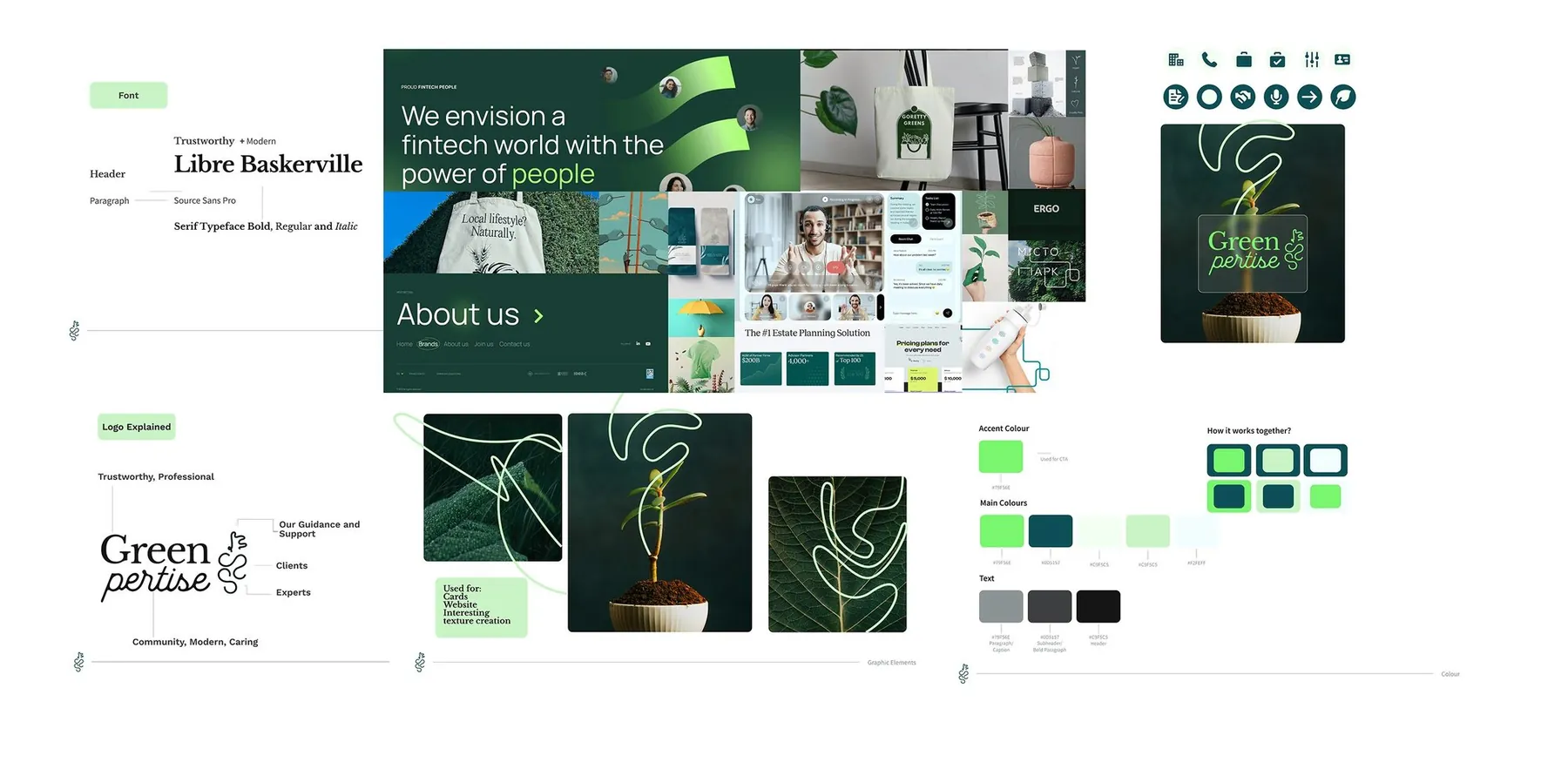 Brand style tile: Libre Baskerville type specimen, the Greenpertise logo, colour swatches in greens and greys, and photography of people working outdoors and in green offices.